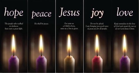 Hope Peace Joy Love and Jesus Advent ... Advent Banners, Advent Images, Advent Candles Meaning, Advent Prayers, Candle Meaning, First Sunday Of Advent, Christmas Facebook Cover, Catholic Christmas, Jesse Tree