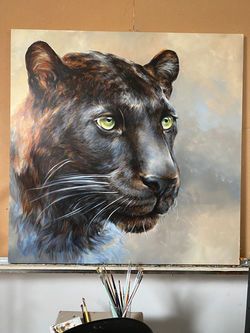 Cute Donkey Drawing Art, Black Jaguar Animal, Leopard Artwork, Black Background Painting, Jaguar Animal, Black Jaguar, Original Paintings For Sale, Wildlife Paintings, Artist Gallery