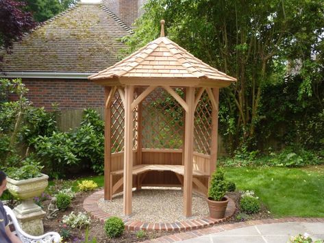 Small Garden Gazebo, Small Garden Oasis, Small Gazebo, Garden Sitting Areas, Diy Gazebo, Gazebo Ideas, Gazebo Plans, Cedar Garden, Grill Gazebo