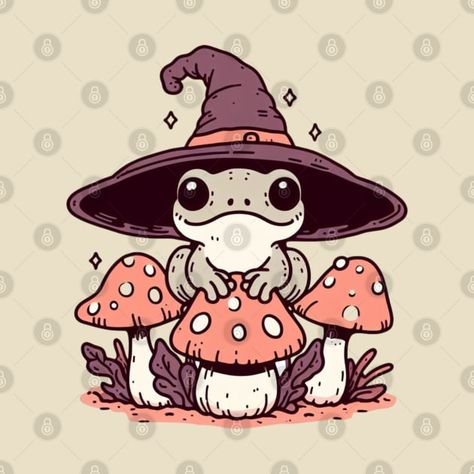 Frog Tattoo Design Cute, Frog Embroidery Designs, Magic Frog Tattoo, Witchy Frog Tattoo, Frog With Mushroom Hat Drawing, Frog And Mushroom Drawing, Mushroom Frog Drawing, Frog Mushroom Drawing, Frog Wizard Tattoo