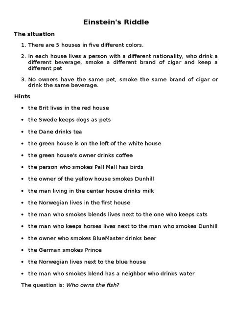 Einstein Riddle worksheet esl logics Einstein Riddle, Riddle Puzzles, Different Nationalities, Drinking Milk, What House, Pall Mall, Yellow House, Red House, Horse Life