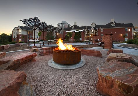 Community Fire Pit, Public Gathering Space, Restaurant Fire Pit, Ampitheater Seating Outdoor, Public Fire Pit, Outdoor Eating Spaces Public, Modern Fire Pit, Public Square, Steel Fire Pit