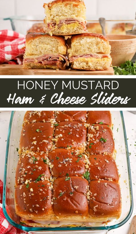 Honey Mustard Sliders Hawaiian Rolls, Ham And Chesse Sliders, Ham Hawaiian Roll Sliders, Hot Ham And Cheese Sliders, Honey Mustard Ham, Ham Sliders Recipes, Ham Sandwich Recipes, Fall Crockpot, Ham Cheese Sliders