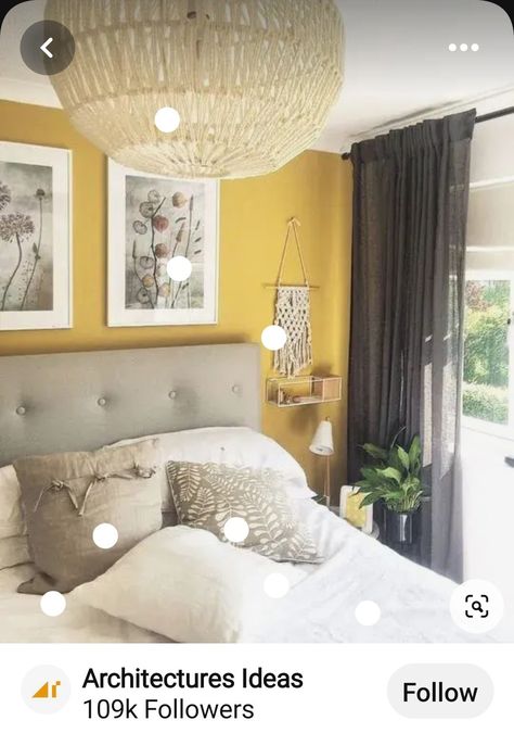 Bedroom Decor For Yellow Walls, Ochre Walls Bedroom, Yellow Bedroom Feature Wall, Mustard Feature Wall Bedroom, Yellow Ochre Walls, Bedroom With Mustard Yellow Accents, Ochre And Grey Bedroom, Ochre Bedroom Ideas, Golden Yellow Bedroom Ideas