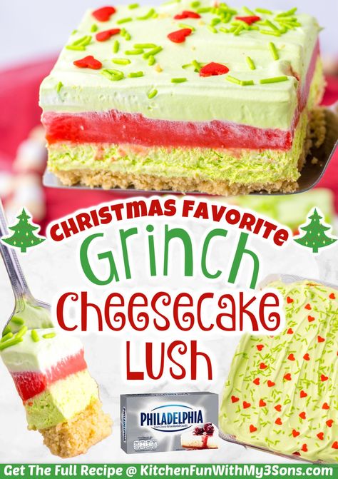 Christmas Pudding Cheesecake, No Bake Christmas Lush, Christmas Lush Dessert, Grinch Theme Dinner, No Bake Cookie Cake, Grinch Themed Desserts, Grinch Cheesecake, Grinch Pudding, Cheesecake Christmas Holiday Desserts