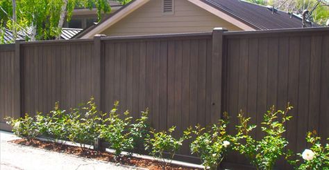 black stain for a fence? - Google Search Fence Colors, Brown Fence, Cedar Wood Fence, Vinyl Fences, Wood Fence Design, Fence Stain, Brick Fence, Front Fence, Fence Styles