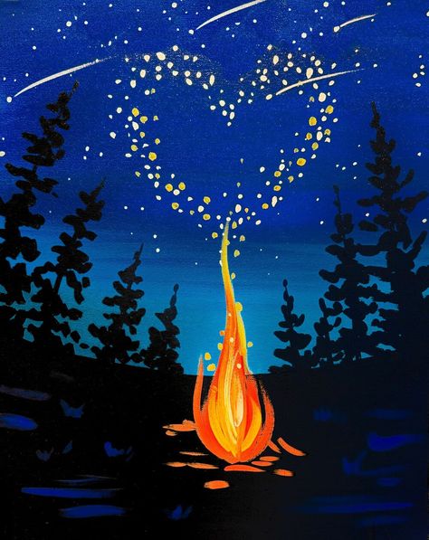 Camping Painting Acrylic, Easy Date Night Painting Ideas, What To Paint For Your Best Friend, Canvas Painting Silhouette, Easy Canvas Painting Landscape, Campfire Painting Easy, Canvas Painting Class Ideas, January Painting Ideas Canvases, At Home Sip And Paint Ideas