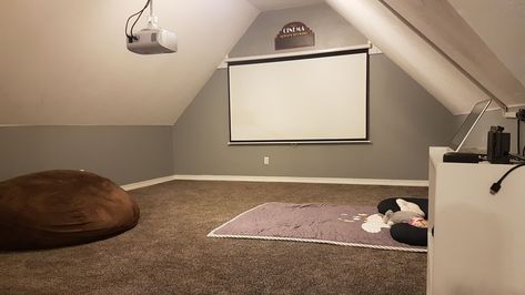 Attic Projector Room, Attic Tv Room Sloped Ceiling, Attic Movie Room, Attic Tv Room, Attic Media Room, Projector Screen Ideas, Room In The Attic, The Projector, Walking Closet