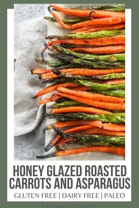 In need of a simple side dish? This honey glazed roasted carrots and asparagus recipe is an easy but delicious side dish perfect for any occasion. Glazed Asparagus Recipes, Honey Roasted Asparagus, Carrots Asparagus Roasted, Holiday Asparagus Recipes, Roasted Carrots And Asparagus Recipes, Asparagus Carrots Recipes, Christmas Asparagus Side, Asparagus And Carrots Recipes, Christmas Asparagus