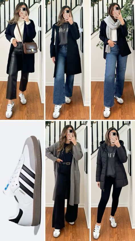 Style With Adidas Samba, Casual Shoe Outfits, Adidas Samba Winter Outfit Women, Women’s Adidas Outfits, Outfit Inspo Adidas Samba, Outfit For Samba Shoes, Casual Shoes Women With Jeans, Samba Winter Outfits Women, Winter Outfit With Dress