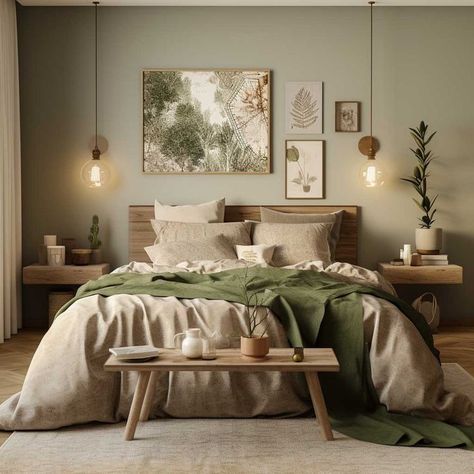 Vintage Boho Bedroom, Earthy Bedroom, Sage Green Bedroom, Warm Bedroom, Decor Ideas Bedroom, Bedroom Decor Cozy, Redecorate Bedroom, Room Makeover Bedroom, Bedroom Green