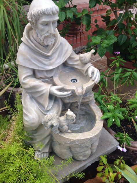 St. Francis' Garden St Francis Statue, Patio Water Fountain, Patron Saint Of Animals, Prayer Garden, Rabbit Sculpture, Fountain Design, Solar Fountain, Saint Francis, Woodland Friends