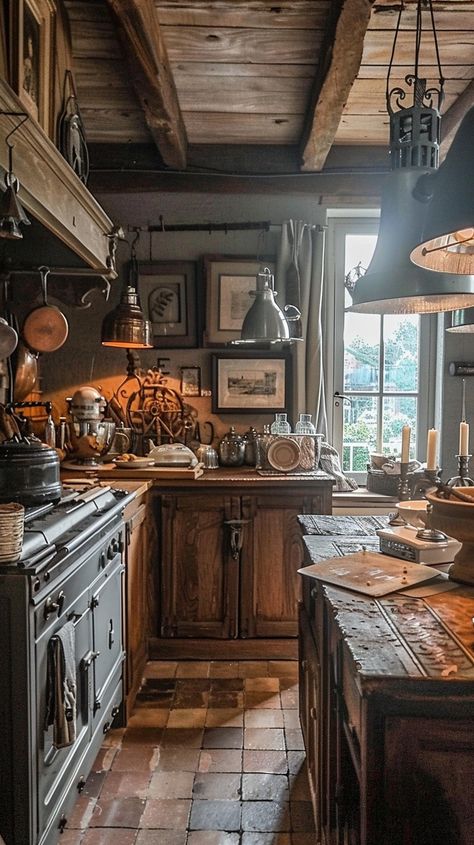 Rustic Kitchen Charm: An inviting rustic kitchen interior with warm wooden furniture and vintage decor bathed in natural light. #kitchen #rustic #vintage #wooden #homely #aiart #aiphoto #stockcake ⬇️ Download and 📝 Prompt 👉 https://ayr.app/l/eVnm Raw Wood Kitchen, 1700 Farmhouse Kitchen, Unfitted Kitchen French Old Farmhouses, Old Wooden Kitchen, Apron Front Kitchen Sink Rustic, Traditional Rustic Kitchen, Antique Cupboards Rustic Farmhouse, Natural Light Kitchen, Old Farmhouse Kitchen