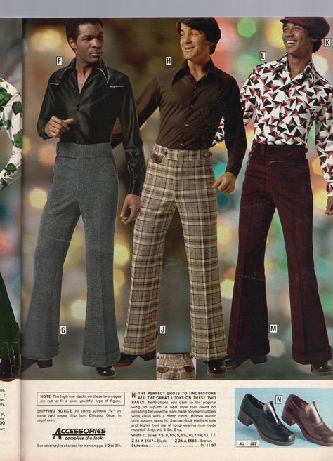 Men's Bell-Bottom Pants and Platform Shoes in the Montgomery Wards Catalog, 1974 Bellbottom Pants Outfits 70s Fashion, 1970s Lifestyle, Outfits With Platform Boots, Bellbottom Pants Outfits, White Bell Bottom Pants, Men's Spring Fashion, Bell Bottom Outfit, 70s Fashion Men, Bellbottom Pants