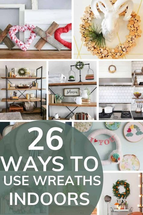 You love wreaths, but you only have one front door. I get it, I love wreaths too and want to display them all! It's time to take your wreaths indoors and use them as interior decor. Here are 26 creative indoor wreath decorating ideas you are going to want to try! Living Room Wreath Decor, Decorative Wreaths Indoor, Small Wreath Decor Ideas, Bathroom Wreath Ideas, Wreath On Wall Decor, Where To Hang Wreaths In House, Wreath Placement Ideas, Wreaths Inside House, Decorating With Wreaths Indoors