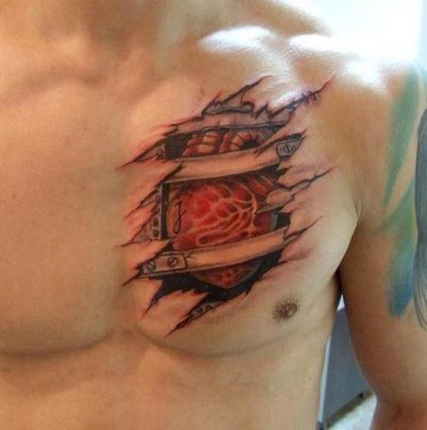 Heart Touching Ripped Skin Tattoo Design Chest Tattoo Script, Chest Tattoo Heart, Real Heart Tattoos, Skin Tear Tattoo, Open Heart Tattoo, Ripped Skin Tattoo, Biomech Tattoo, Teardrop Tattoo, Tatoo 3d