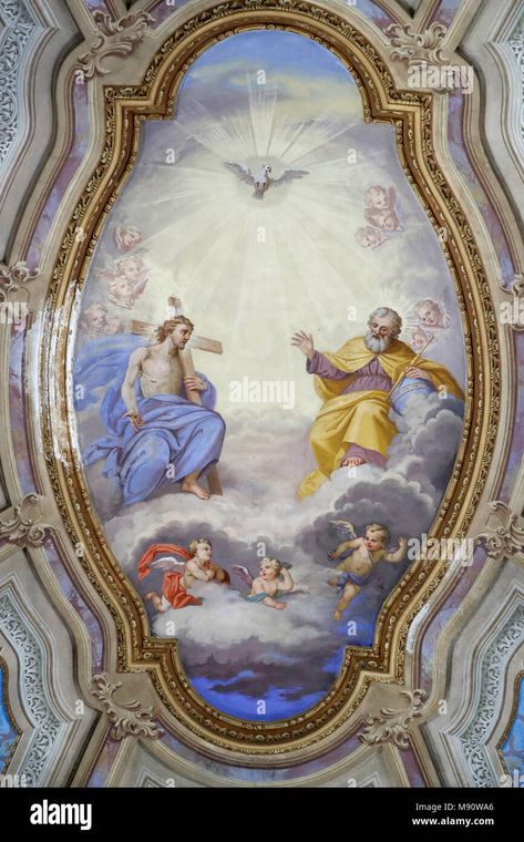 Download this stock image: Saint-Grat church.  Ceiling painting.  Holy Trinity. The Father, Jesus and Holy Spirit.  Valgrisenche. Italy. - M90WA6 from Alamy's library of millions of high resolution stock photos, illustrations and vectors. Jesus Christ, Church Ceiling, Ceiling Painting, Holy Trinity, The Father, Holy Spirit, Classic Art, High Resolution, Stock Images