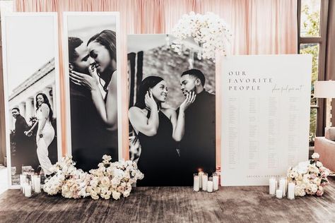 Seating Chart Display With Black-and-White Engagement Photos. White Roses and Orchids Black White Seating Chart, Wedding Seating Chart With Photos, Black And White Seating Chart, White Seating Chart, Seating Chart Display, Photo Area, Eve Of Milady, 2024 Inspiration, Backdrop Photo