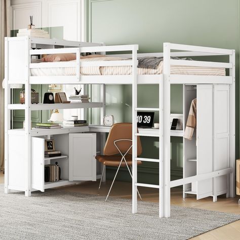 Loft Bed And Desk, Cabinet And Bookshelf, Integrated Wardrobe, Loft Bed With Cabinet, Bed With Cabinet, Loft Bed With Wardrobe, Wooden Loft, Full Size Loft Bed, Full Loft Bed