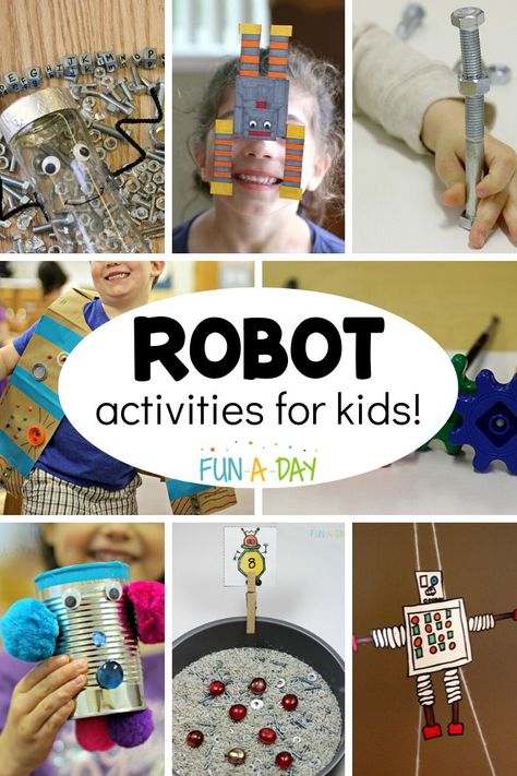 Super fun robot activities to try with the kids today. They’re great for a preschool robot theme, summer camp, or just because! Robot Sensory Activities, Robotics For Preschoolers, Preschool Robotics Activities, Robot Week Preschool, Preschool Inventions Theme, Gears Preschool Activities, Robot Fine Motor Activities, Invention Theme Preschool, Robot Kindergarten Activities