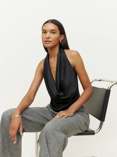 The Y2K Draped Top Trend Is Coming Back With a Vengeance | Who What Wear UK Halter Neck Top Outfit, Silk Top Outfit, Halter Tops Outfit, Silk Halter Top, Silk Crop Top, Black Halter Top, Silk Outfit, Backless Top, Cowl Neck Top