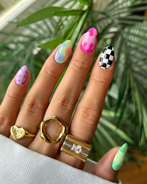 A bright and funky summer mix n match 🤪🌈💞🏁✨ • ‘f off’ ring from @westwoodandhyde • middle ring from @suryachamak - code NAILOLOGIST20 for 20% off • index ring from @luvaj #nails #nailinspo #nailart #naildesign #summernails #mixandmatch #mixnmatch #funnails Mismatched Nail Art, Mix And Match Nails, Mismatched Nails, Match Nails, Index Ring, Mix Match Nails, Preppy Nails, F Off, Nailinspo Nailart