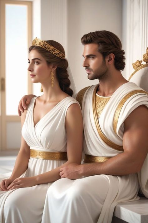 Playground Greek Mythology Couples Costumes, Aphrodite Fashion, Ancient Greece Clothing, Greece Costume, Ancient Roman Clothing, Greek Outfit, Ancient Greek Clothing, Greek Man, Greece Women