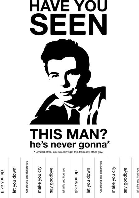 Analogue Rickroll Poster | Print it. Stick it up. Share Rick… | Flickr Tear Off Poster, Rick Roll, Student Council Campaign, 80s Party Decorations, 80s Birthday Parties, Rick Rolled, 80's Party, 80s Theme Party, Rick Astley