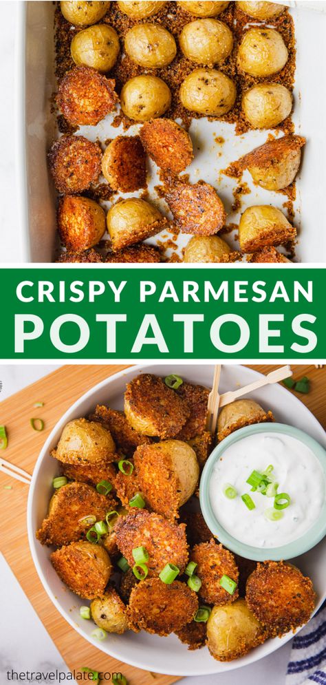 crispy parmesan potatoes Parmesan Potato Recipe, Crispy Parmesan Potatoes, Potato Snack, Parmesan Potato, Garlic Parmesan Potatoes, Potato Side Dish, Potato Appetizers, Parmesan Roasted Potatoes, Potato Snacks