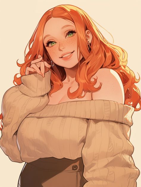 Older Woman Art Character Design, Plus Size Reference Drawing, Plus Size Oc Art, Ginger Oc Art, Red Hair Female Character, Thick Female Character Art, Curvy Oc Art, Chubby Female Character Art, Pfp Reference