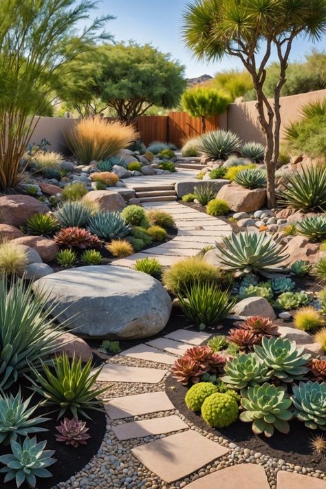 Front Yard Entryway Ideas, Xeroscaping Backyard Ideas, Desert Patio, Succulent Landscaping Front Yard, Southwest Landscaping, Desert Landscaping Backyard, Modern Garden Landscaping, Desert Backyard, Xeriscape Landscaping