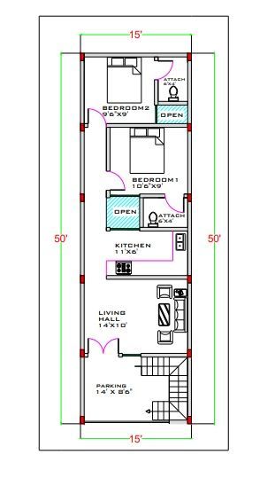 15 X 50 House Plan, 15×45 House Plan, 15×45 House Design, 15×50 House Plan, 15x50 House Plan, Floor Plan Elevation, Smart House Plans, One Floor House Plans, Home Map Design