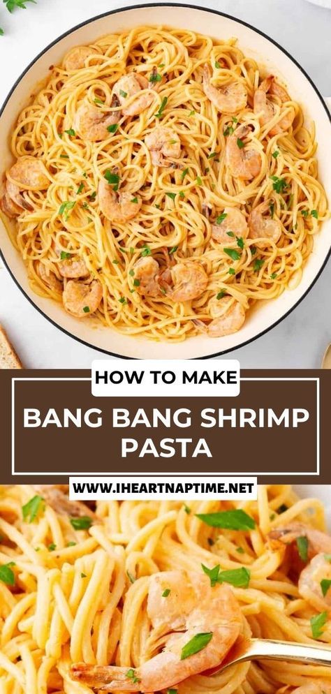 Enjoy this popular sweet, spicy, and creamy bang bang shrimp pasta, and save room for seconds! This simple copycat recipe is made with al dente fettuccine, pan-seared shrimp in a creamy sriracha and chili sauce! Healthy Bang Bang Shrimp, Bang Bang Shrimp Pasta Recipe, Bang Bang Shrimp Pasta, Bang Bang Shrimp Recipe, Asian Steak Bites, Shrimp Pasta Recipe, Creamy Pasta Bake, Chili Sauce Recipe, Homemade Chinese Food