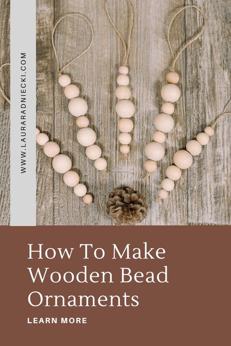 Learn how to make wood bead ornaments for Christmas in this step-by-step craft tutorial. All you need are wooden beads and twine! Wood Bead Ornaments Christmas Trees, Wood Ball Christmas Ornaments, Wood Bead Tree Ornaments, How To Add Beaded Garland To Christmas Tree, Wooden Ball Ornaments Diy Christmas, Wooden Bead Christmas Tree Ornaments, Christmas Wood Bead Crafts, Wooden Bead Christmas Ornaments Diy, Wooden Bead Crafts Christmas Ornament