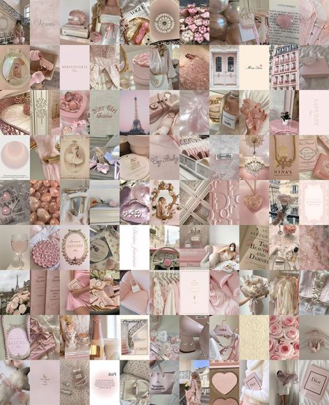 Photo Wall Collage Pink, Pink Collages, Pink Collage, Parisian Room Decor, Pink Collages Aesthetic, Pink + Core + Aesthetic, Soft Pink Photo, Parisian Wall, Pink Gallery Wall