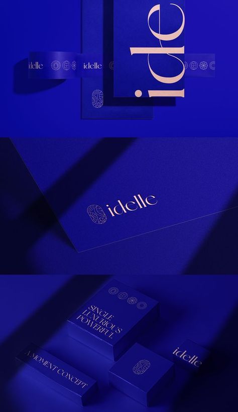 Blue Identity Design, Dark Blue Brand Identity, Blue And Beige Branding, Dark Blue Packaging, Luxury Visual Identity, Bold Luxury Branding, Luxury Graphic Design Branding, Modern Luxury Branding, Blue Branding Design