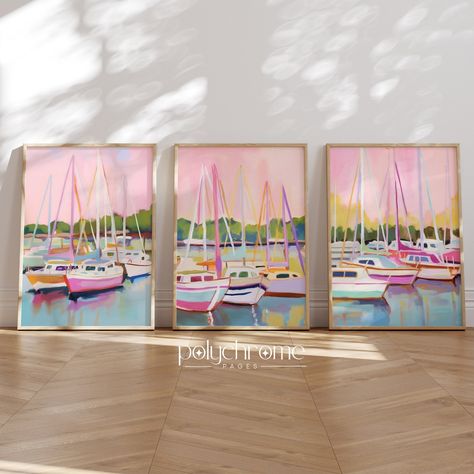 Boat Sailboats in Harbor Marina, Coastal Lake House Landscape in Pastel Pink and Blue Nautical Wall Decor Paper Prints 5x7 24x36 In - Etsy Canada Lake House Landscape, Coastal Lake House, Obx House, Wall Decor Paper, Nautical Wall Decor, Museum Poster, Beach House Style, Florida House, Nautical Wall