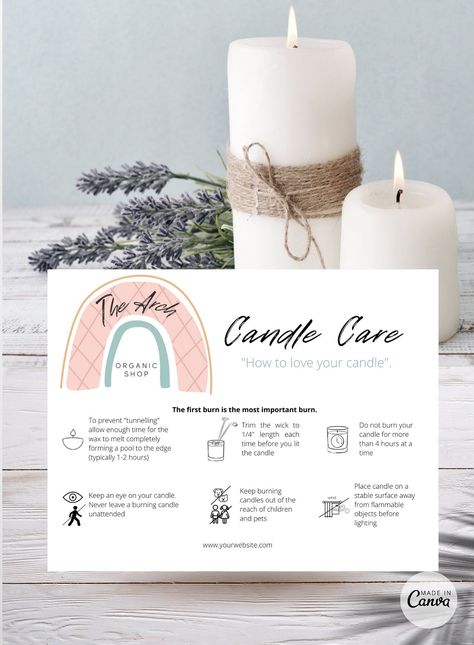 Candles Packaging, Candle Care Instructions, Candle Care Card, Handmade Candles Diy, Gift Card Template, Candle Projects, Candles Diy, Candle Ideas, Diy Gift Card