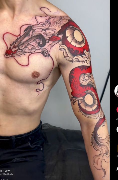 Dragon Quarter Sleeve Tattoo, Chinese Dragon Sleeve Tattoo Men, Dragon Tattoo Men Arm Japanese Sleeve, Masculine Dragon Tattoo, Traditional Japanese Dragon Sleeve, Oni Dragon Tattoo, Dragon Tattoos For Men Back, Red Japanese Dragon Tattoo, Blue Eyes White Dragon Tattoo