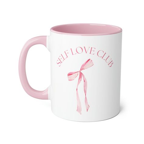 Self Love Club Mug, Coquette Bow, Girly Girl, Aesthetic Mug, Gift for Her, Girl Gifts, Gifts for Girlfriend, Gift for Mom, Gift for Sister Printed Cups Ideas, Print Mugs Ideas, Mug Printing Design, Mug Printing Ideas, Coquette Gifts, Girly Wishlist, Girly Girl Aesthetic, Girly Christmas Gifts, Mug Print