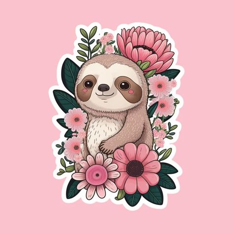 Cute Pink Floral Sloth Illustration - Sloth Illustration - Kids T-Shirt | TeePublic Sloth Illustration Cute, Cute Pink Animals, Dark Photo Ideas, Cute Sloth Pictures, Sloth Illustration, Sloth Stickers, Sloth Art, Illustration Kids, Kawaii Illustration