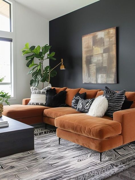 49 Stunning Black and Rust Living Room Ideas - DecorWithEva Rust Home Decor Color Palettes, Rust And Grey Living Room, Earthy Living Room, Colored Rug, Black And White Living Room, Living Room Orange, Small Apartment Living Room, Small Living Room Decor, Room Black