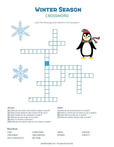 Free Printable Winter Season Crossword Puzzle Winter Crossword Puzzle Free Printable, Winter Crossword, Easter Crossword, Christmas Crossword Puzzles, Christmas Crossword, Homeschool Fun, March Break, Printable Puzzles, Winter Break