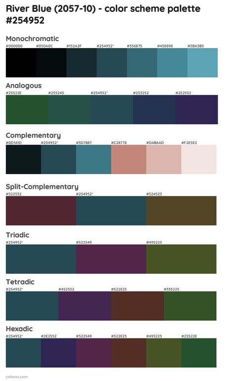 Benjamin Moore River Blue (2057-10) Paint coordinating colors and palettes Sherwin Williams Moscow Midnight, Moscow Midnight, Blue Paint Palette, Blue Complementary Color, Midnight Blue Paint, Draw A Hexagon, Bavarian Forest, Analogous Color Scheme, Rgb Color Codes