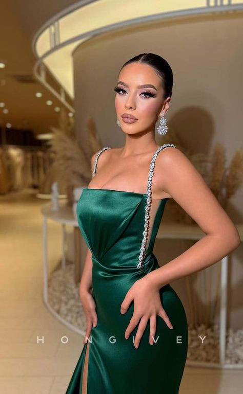 Dark Green Prom Dress, Sweep Train Prom Dress, Prom Dress With Train, Prom Dresses With Pockets, Glamorous Dresses, Sequin Prom Dresses, Piece Prom Dress, فستان سهرة, Green Prom Dress