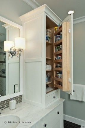 Master Bath Linen Closet and Medicine Cabinet Doors Design Ideas Bathroom Linen Tower, Makeover Kamar Mandi, Bathroom Vanity Storage, Bathroom Closet, Bad Inspiration, Master Bath Remodel, Renovation Design, Trendy Bathroom, Stylish Bathroom