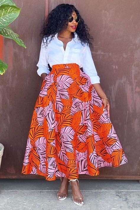 Long Ankara Skirt Styles, Ankara Flare Skirt, Chilanga Mulilo, Flare Skirt Outfit, African Skirt Outfit, Ankara Skirt Styles, Office Wears, Kitenge Dress, Ankara Skirts