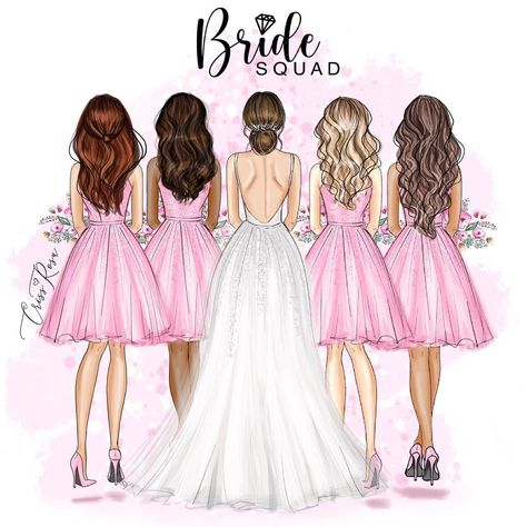 Criss Rosu - illustrator on Instagram: “💕Which one you like best? Pink bridesmaids dresses or pastel version?💕 #bride #bridetribe #bridesmaids #bridesmaid #bridesmaiddress…” Team Bride Logo, Pink Bridesmaids Dresses, Wedding Illustration Card, Bride Clipart, Photo Cake Topper, Pink Bridesmaids, Wedding Card Frames, Wedding Social, Pink Bridesmaid Dress