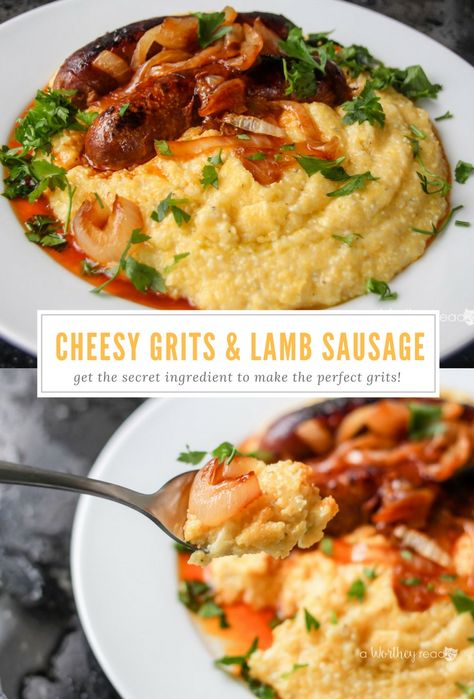 Lamb Breakfast, Lamb Sausage, Cheesy Grits, Grits Recipe, Breakfast Idea, What's For Breakfast, Our Secret, Savory Breakfast, Lamb Recipes