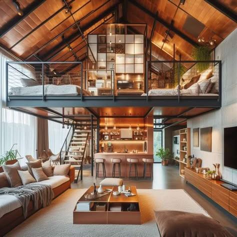 Mezanine Idea Small House, Mezzanine House Design Exterior, Mezzanine Loft Open Concept, Cabin With Mezzanine, Mezanine Interior, Mezzanine Balcony, Japanese Mezzanine House, Mezzanine Floor Ideas, Mezzanine Floor Design